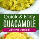 A marble mortar filled with guacamole and a chip in the guac divided by a green box with text overlay that says "Quick & Easy Guacamole" and the words "Get the Recipe!".