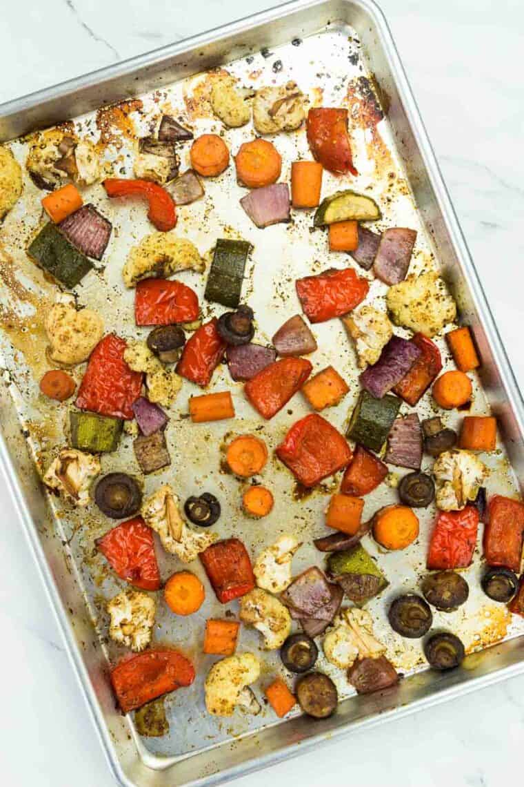 Roasted veggies on a baking sheet.