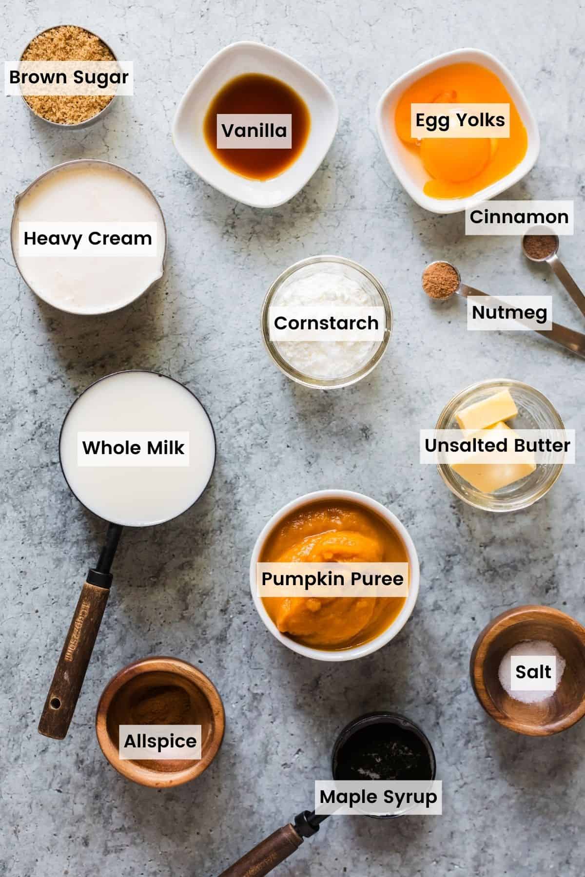 Labeled ingredients for pumpkin pudding: cream, milk, pumpkin puree, spices, butter, cornstarch, egg yolks, brown sugar, vanilla, maple syrup.