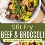 A bowl of beef and broccoli with white rice and the cooked dish in a serving bowl divided by a green box with text overlay that says "Stir Fry Beef and Broccoli" and the words quick, easy, and gluten free option.