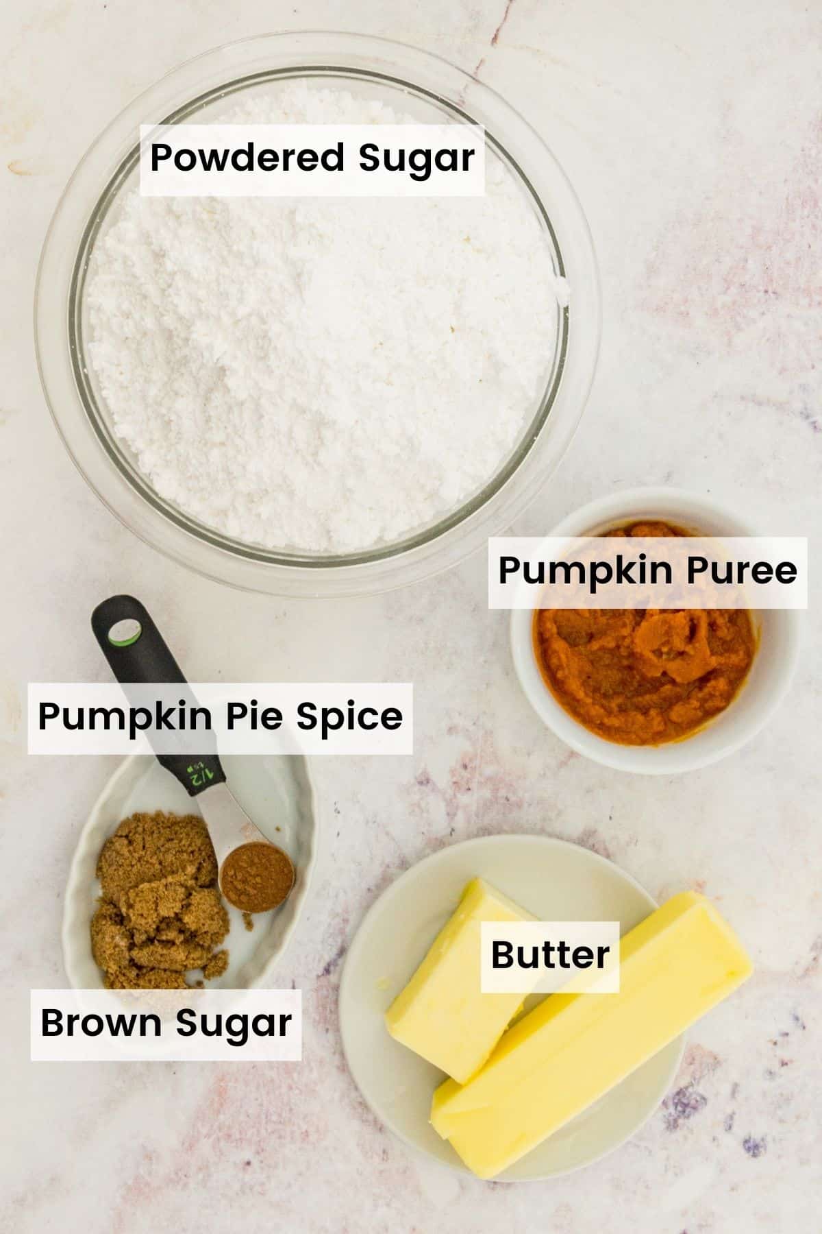 The ingredients for pumpkin frosting with text labels.