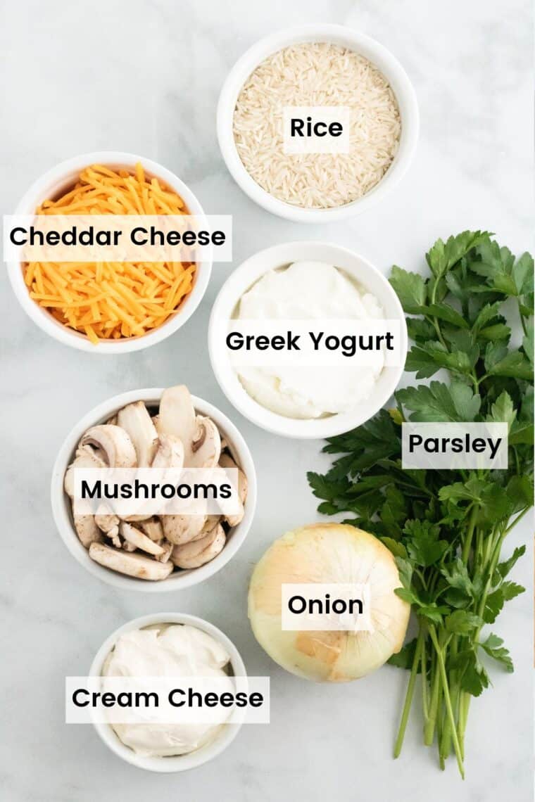 The ingredients for gluten-free chicken and rice casserole with text labels.