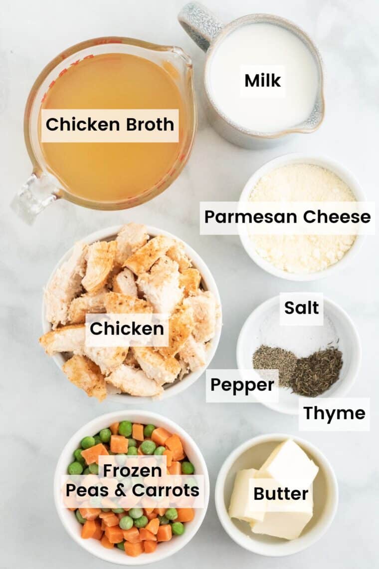 The ingredients for gluten-free chicken and rice casserole with text labels.