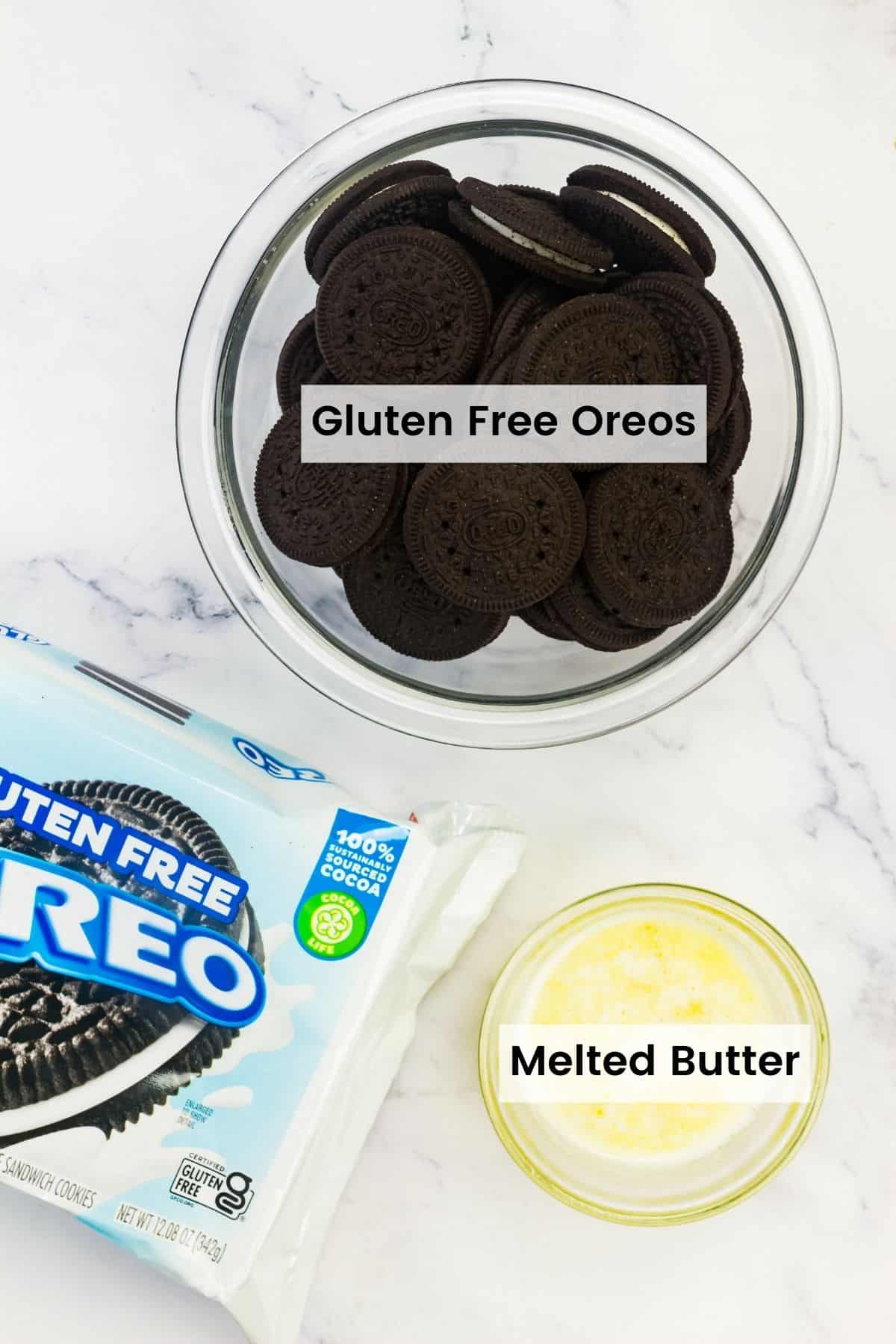 Ingredients for gluten free oreo crust are text-labeled.