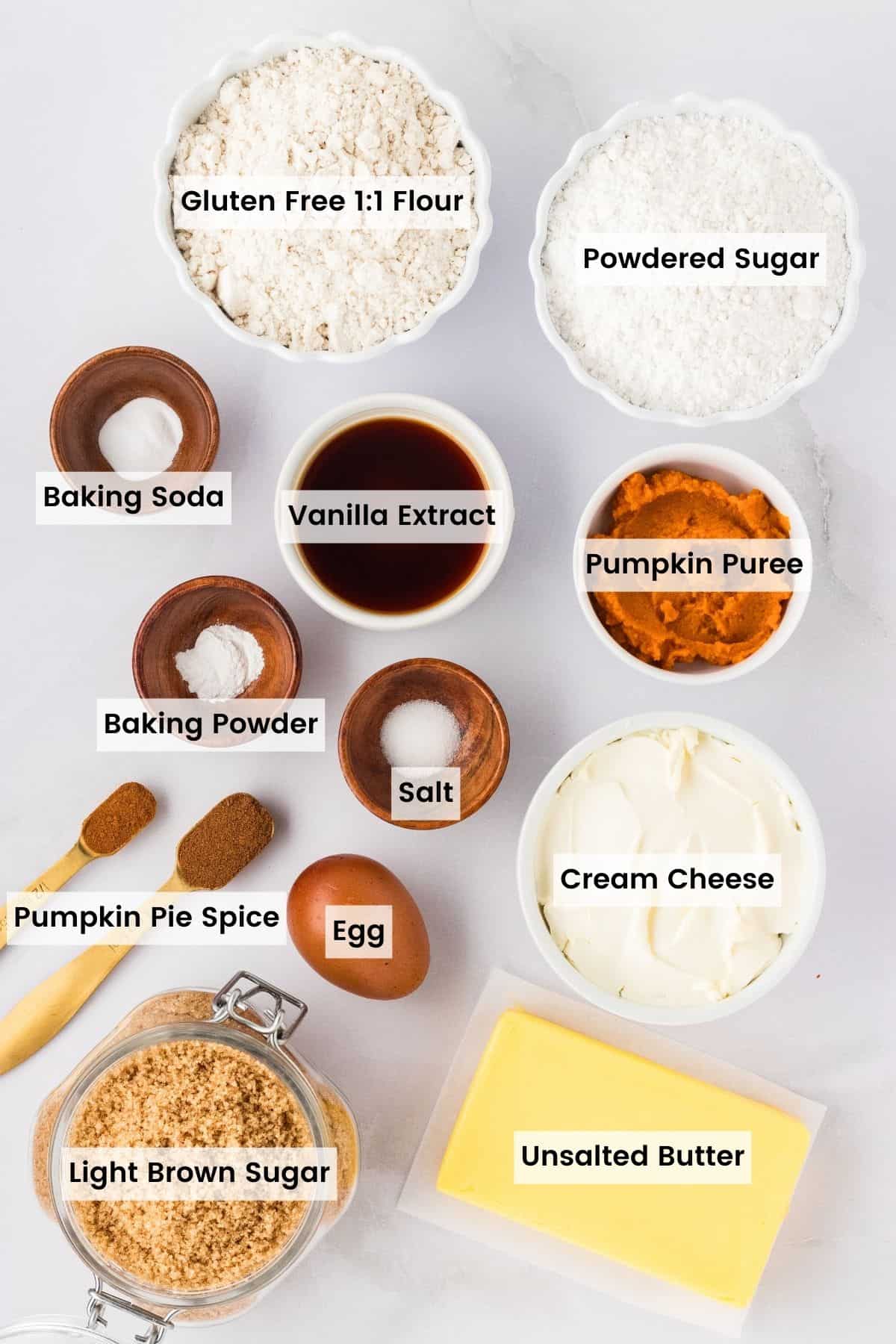 The ingredients for gluten-free pumpkin cookies with text labels.
