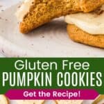 One frosted cookie with a bite taken out leaning on top of another one and more cookies dusted with cinnamon on a piece of parchment paper divided by a green box with text overlay that says "Gluten Free Pumpkin Cookies" and the words "Get the Recipe!".