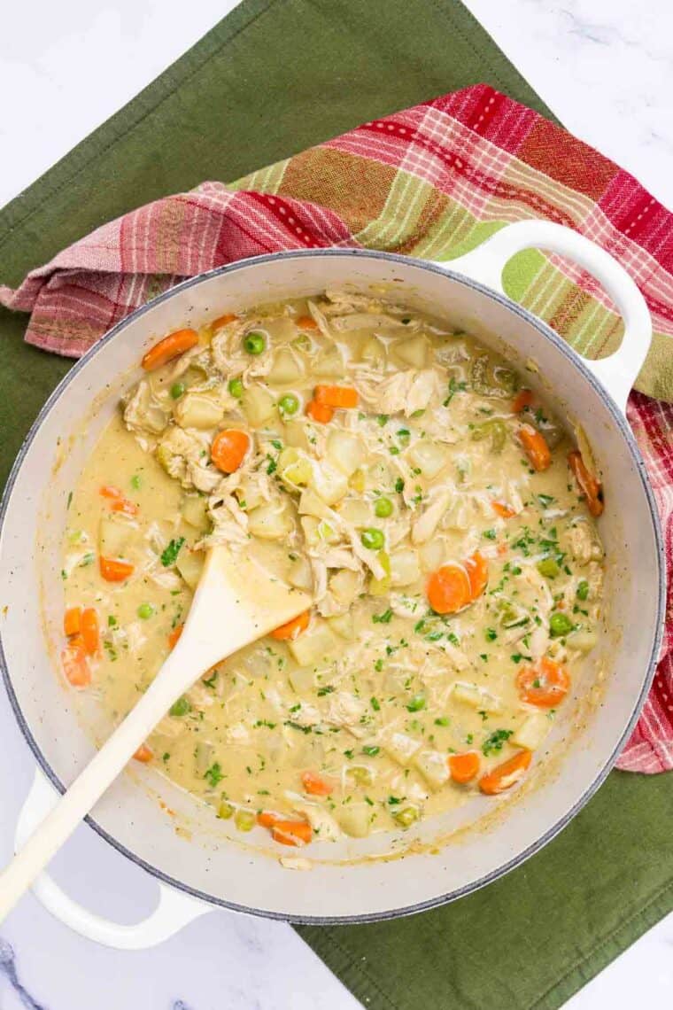 A spoon stirs a pot of turkey soup.