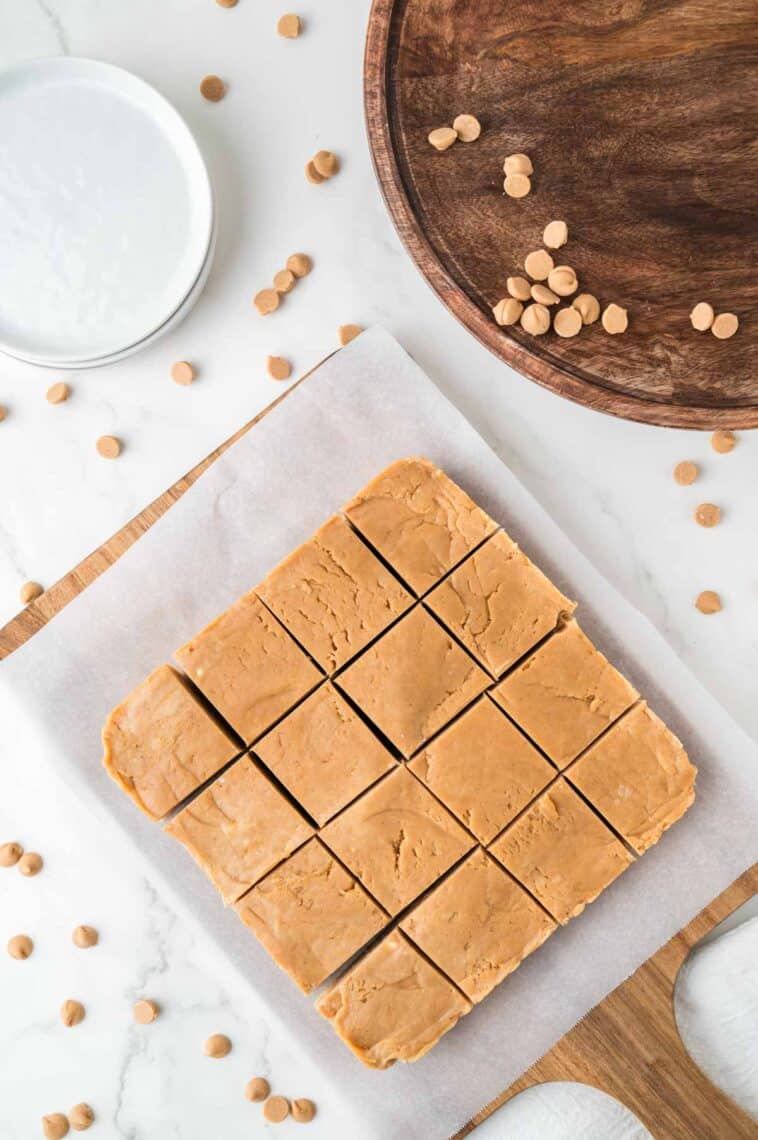 Peanut butter fudge cut into 16 pieces.