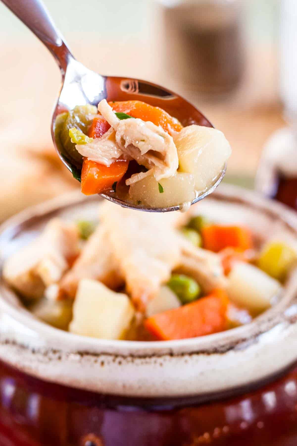 Turkey and vegetables on a spoonful of turkey soup.