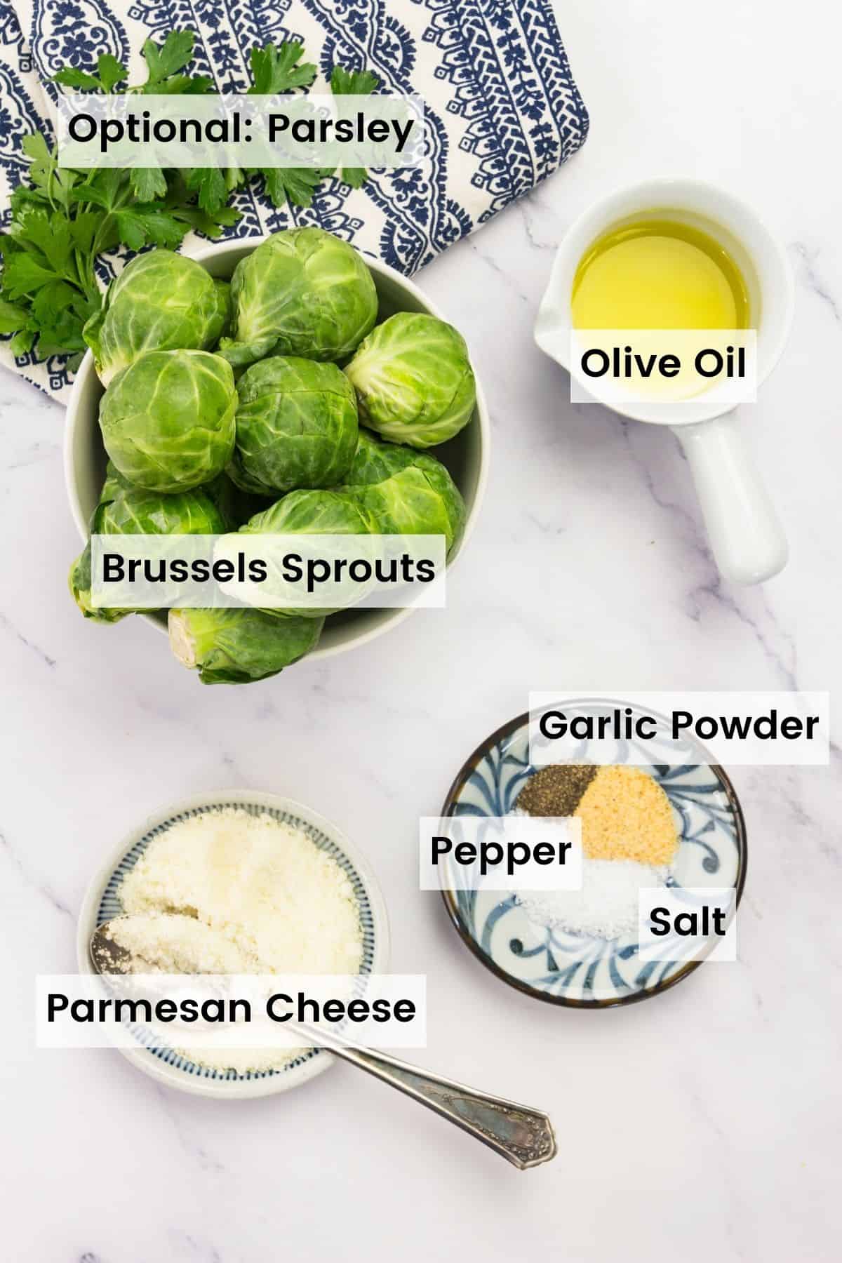 Ingredients for garlic parmesan roasted Brussels sprouts, including Brussels sprouts, are text-labeled.