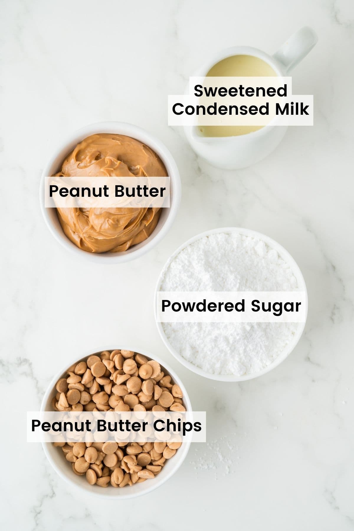 Ingredients for peanut butter fudge including peanut butter, peanut butter chips, and condensed milk, are text-labeled.