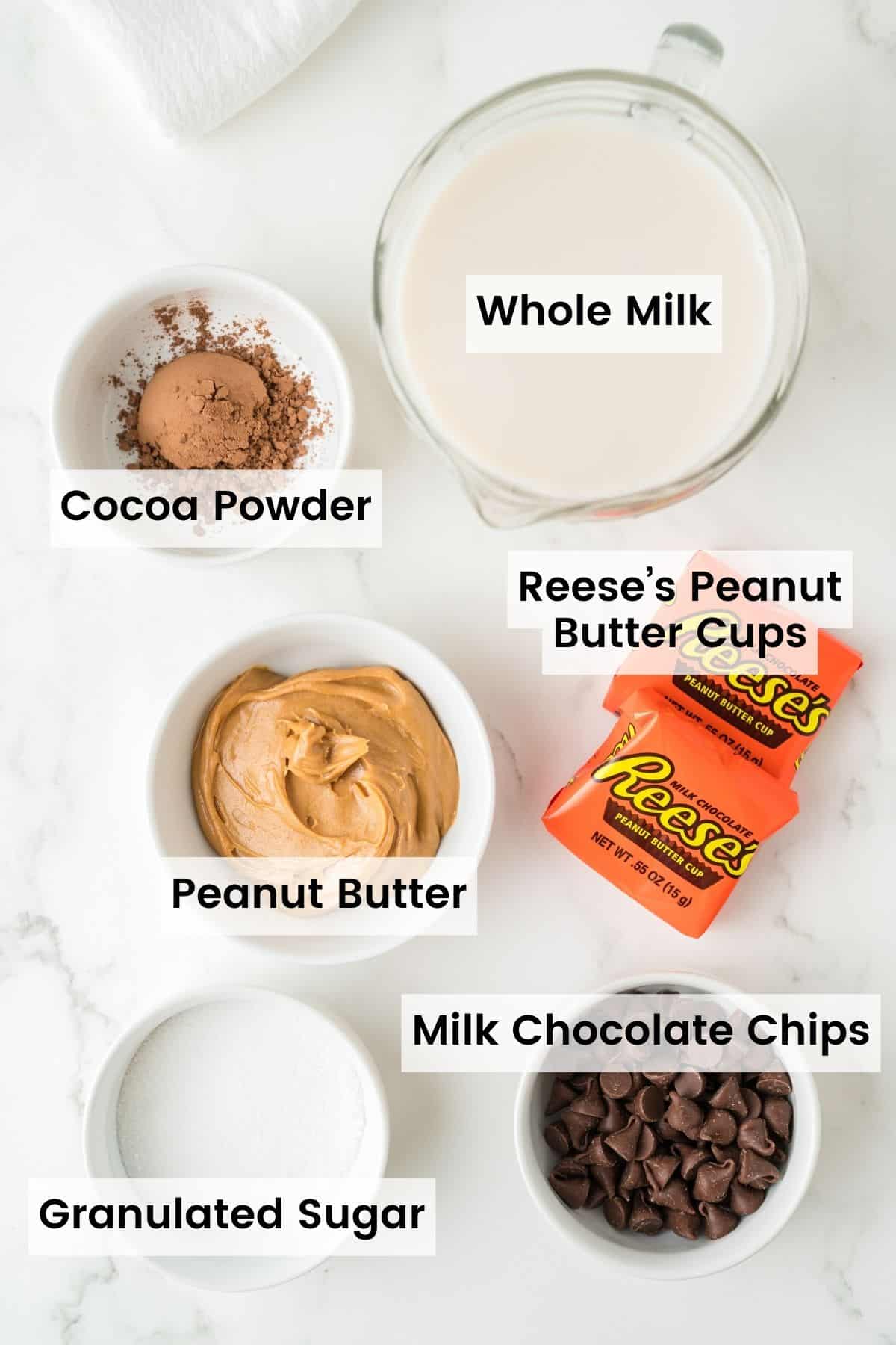 The ingredients for peanut butter hot chocolate, including peanut butter and cocoa powder, are text-labeled.