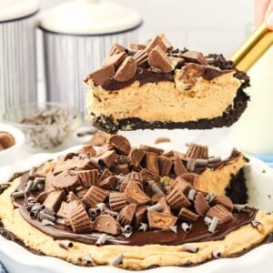 A slice of peanut butter pie is lifted using a pie server.