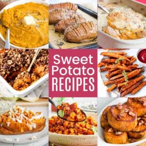 A three-by-three collage showing mashed sweet potatoes, sweet potato casserole, hasselback sweet potatoes, sweet potato fries, and other dishes made with sweet potatoes with a pink box in the middle with text that says "Sweet Potato Recipes".