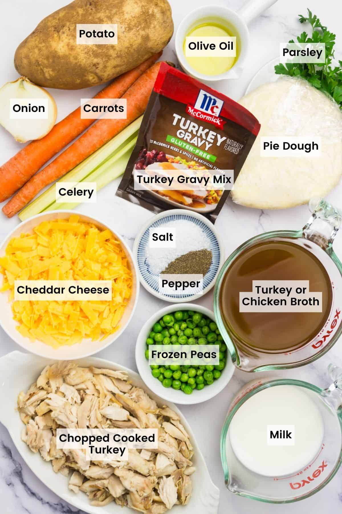 Ingredients for turkey soup including turkey and gravy mix are text-labeled.