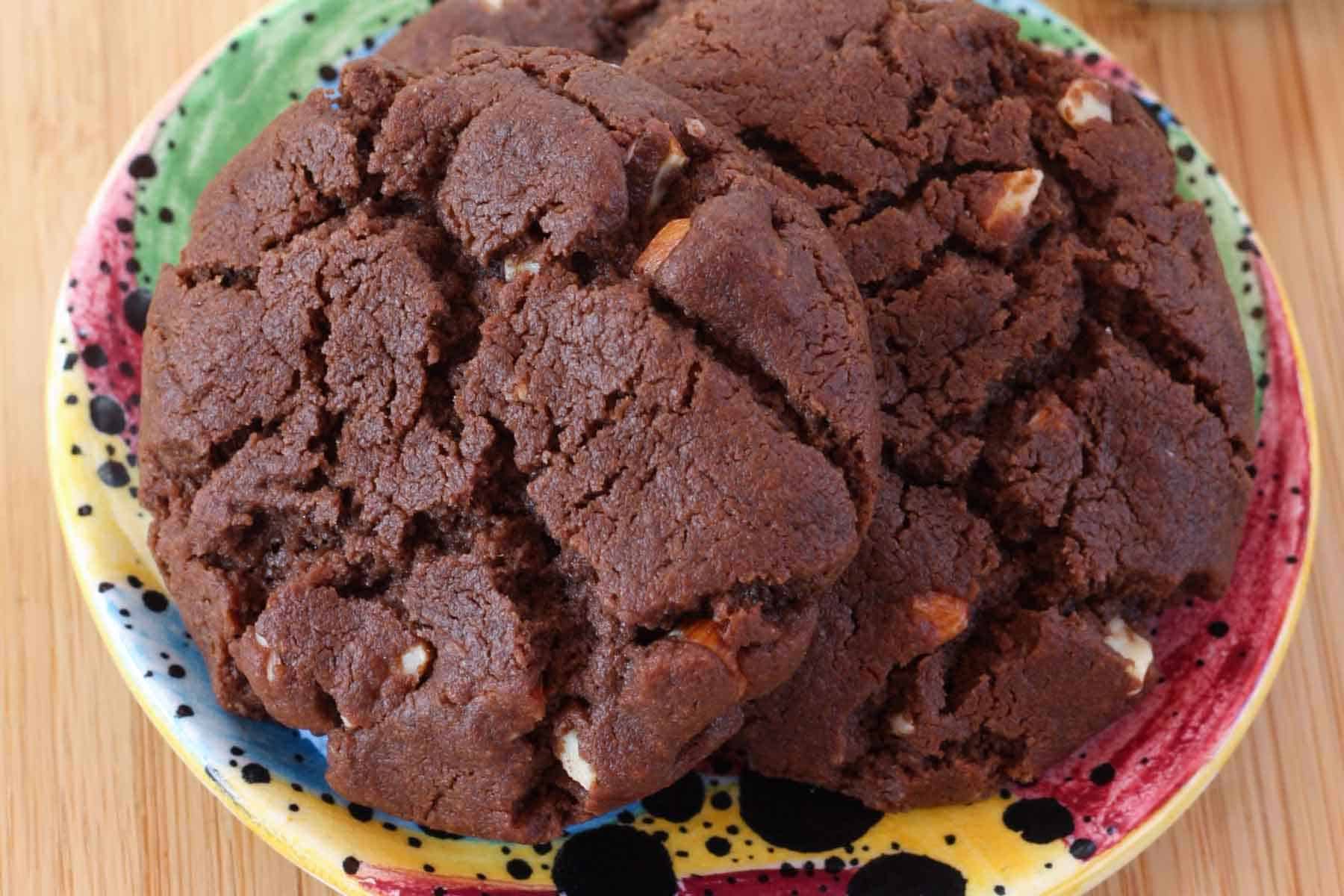 A plate with a few flourless chocolate almond cookies.