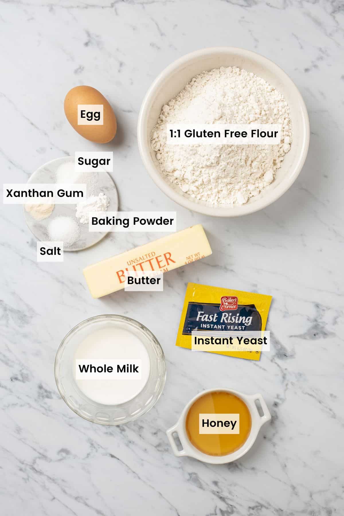 The ingredients for homemade gluten free crescent rolls with text labels.