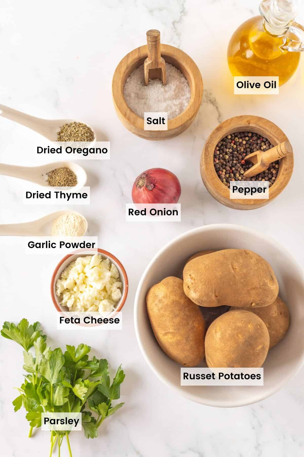 Ingredients for Greek fries, including herbs, feta, and potatoes, are text-labeled.