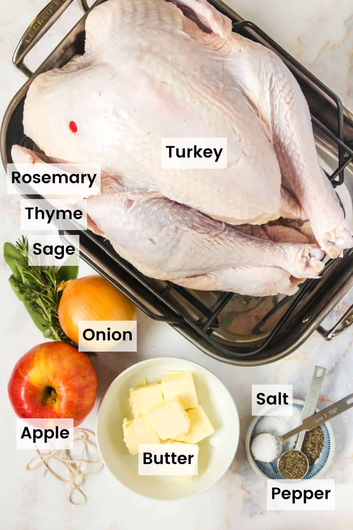 Ingredients for an herb roast turkey with text labels.