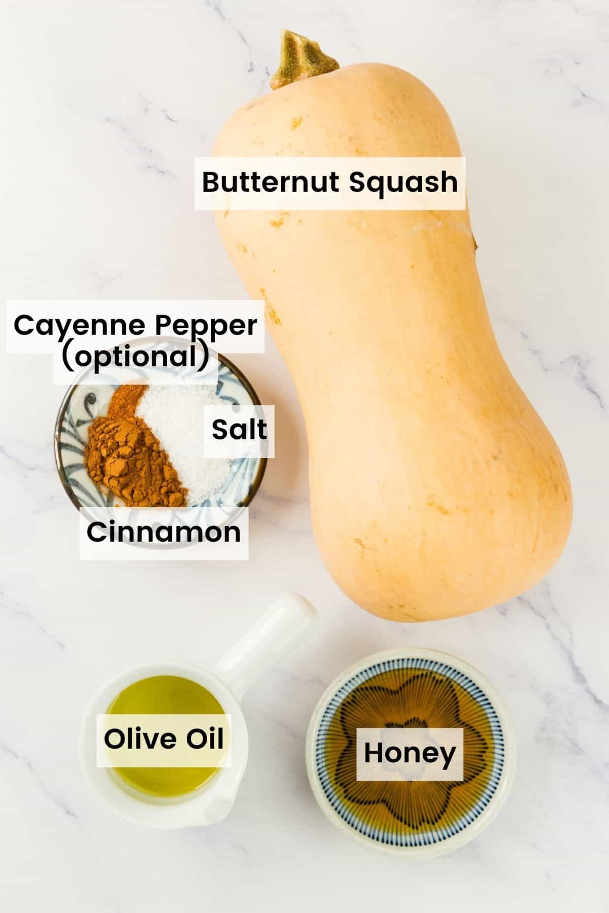 Labeled ingredients including butternut squash, honey, olive oil, salt, cinnamon, and cayenne pepper.