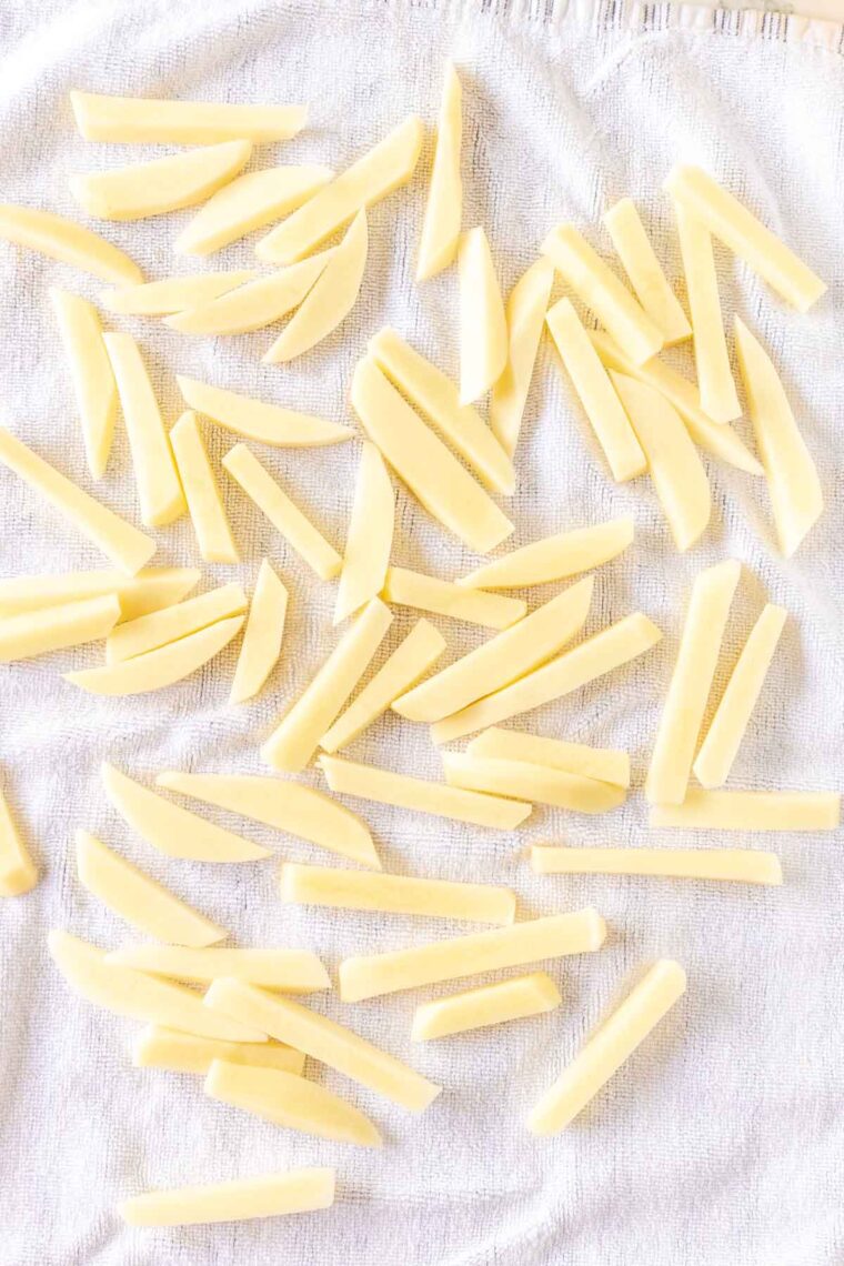 Potato fries are spread out.