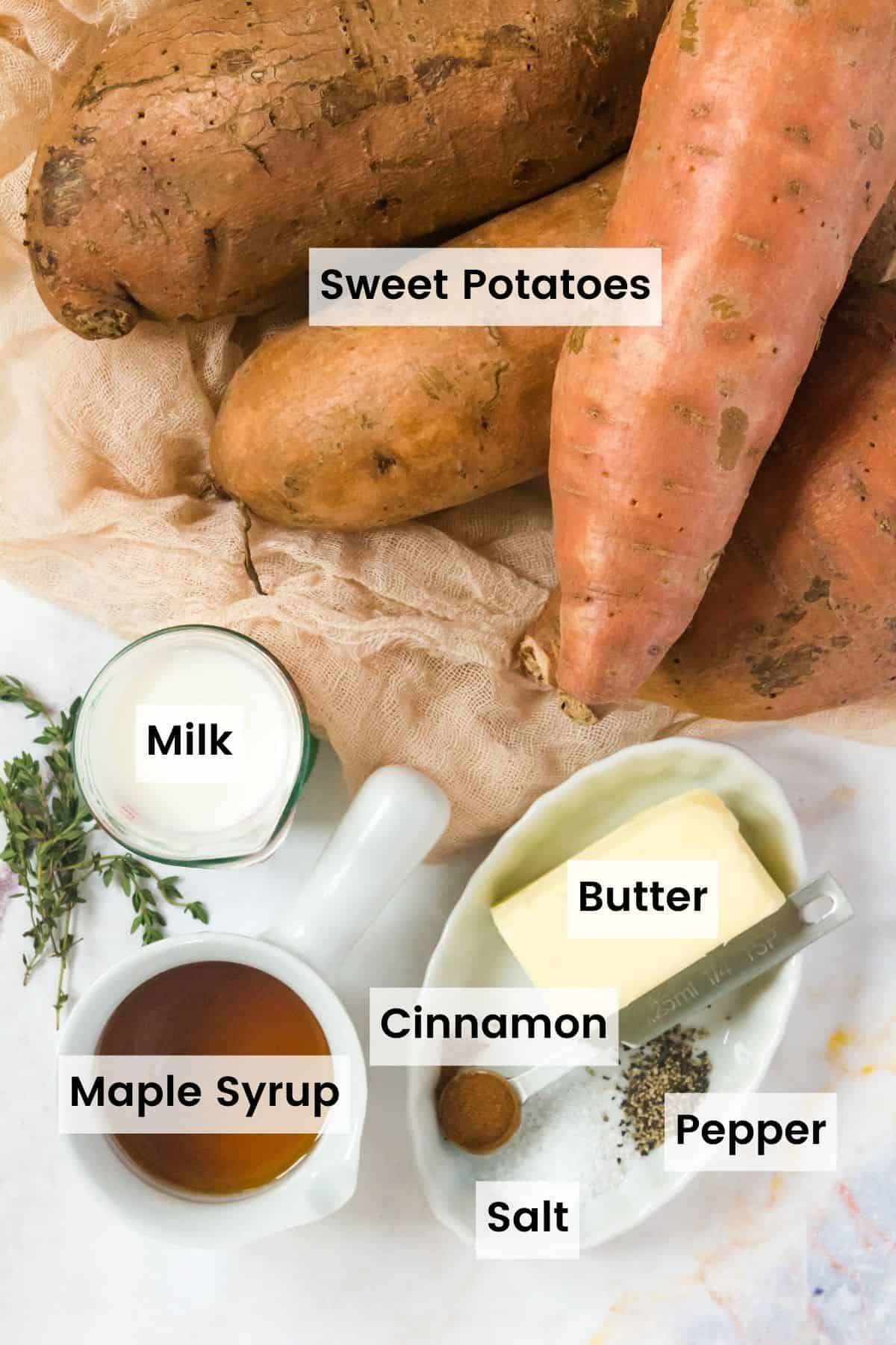 Ingredients for mashed sweet potatoes with text labels.