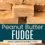 A pile of squares of fudge with a bite out of the top one and several on a plate divided by a green box with text overlay that says "Peanut Butter Fudge" and the words easy, peanut buttery, and rich.