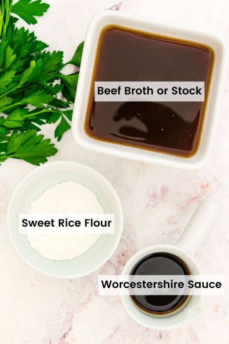 Labeled ingredients for the gravy for a bottom round roast.