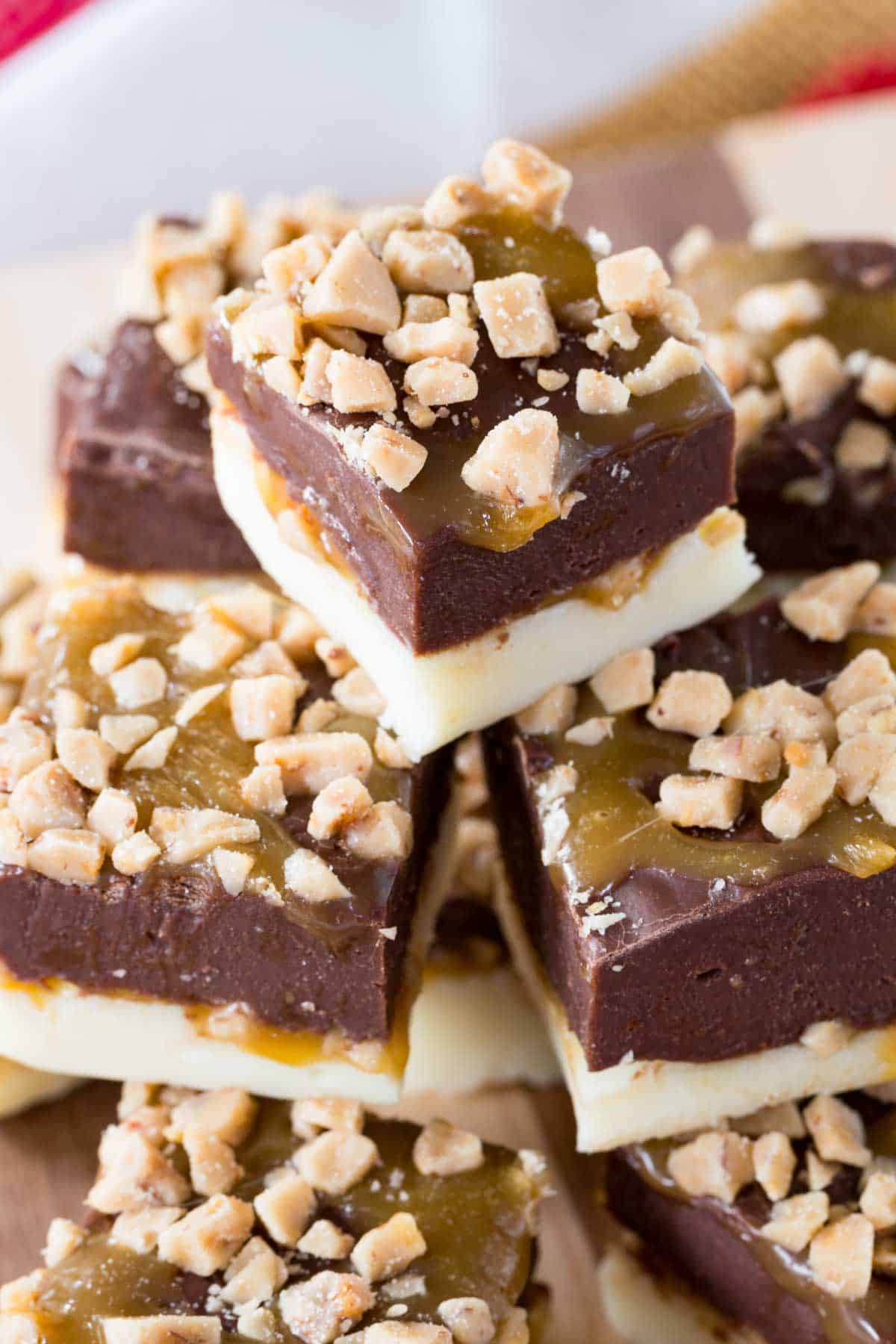 A closeup of pieces of Caramel Toffee Fudge.