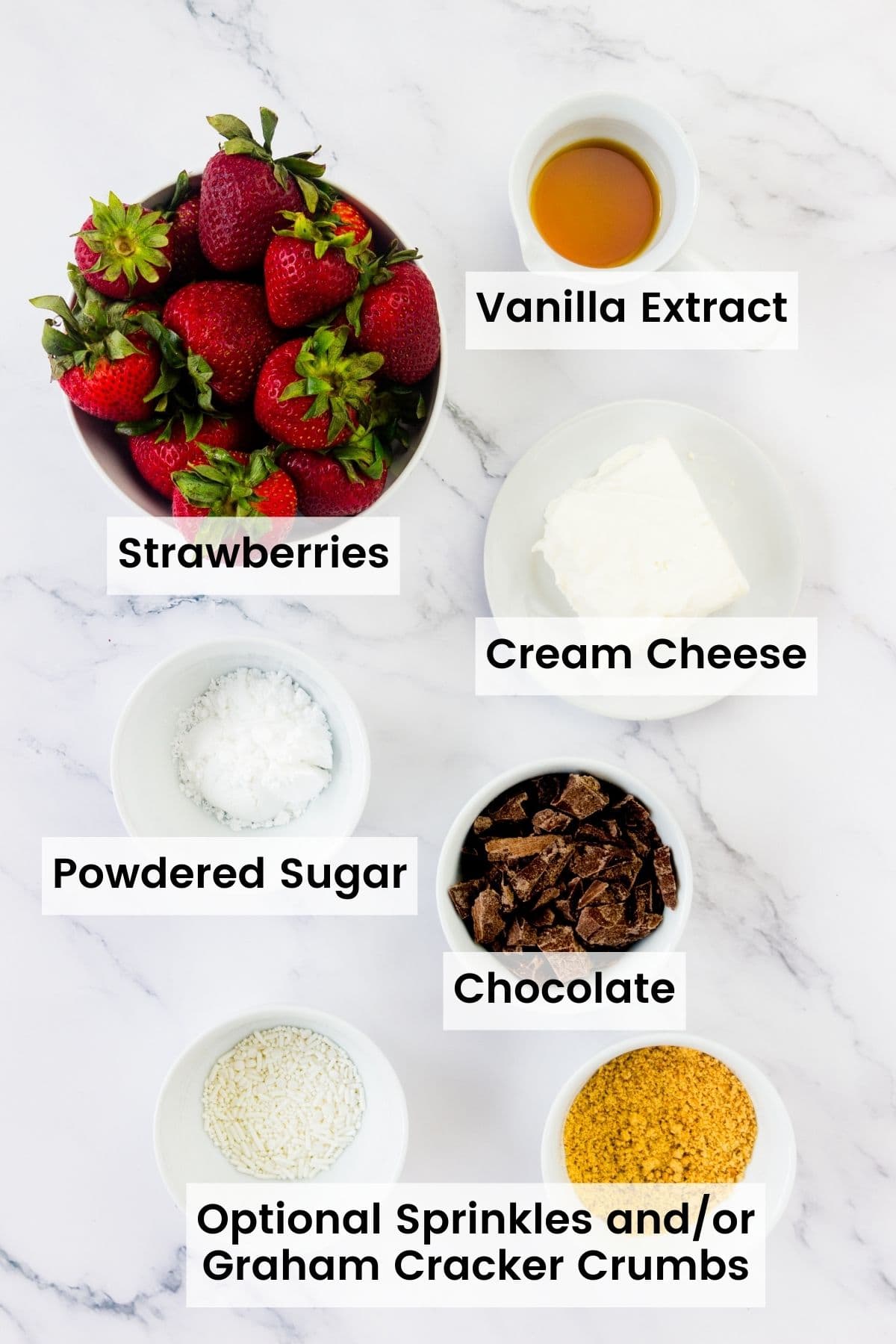 Ingredients for cheesecake stuffed strawberries including strawberries and cream cheese are text-labeled.