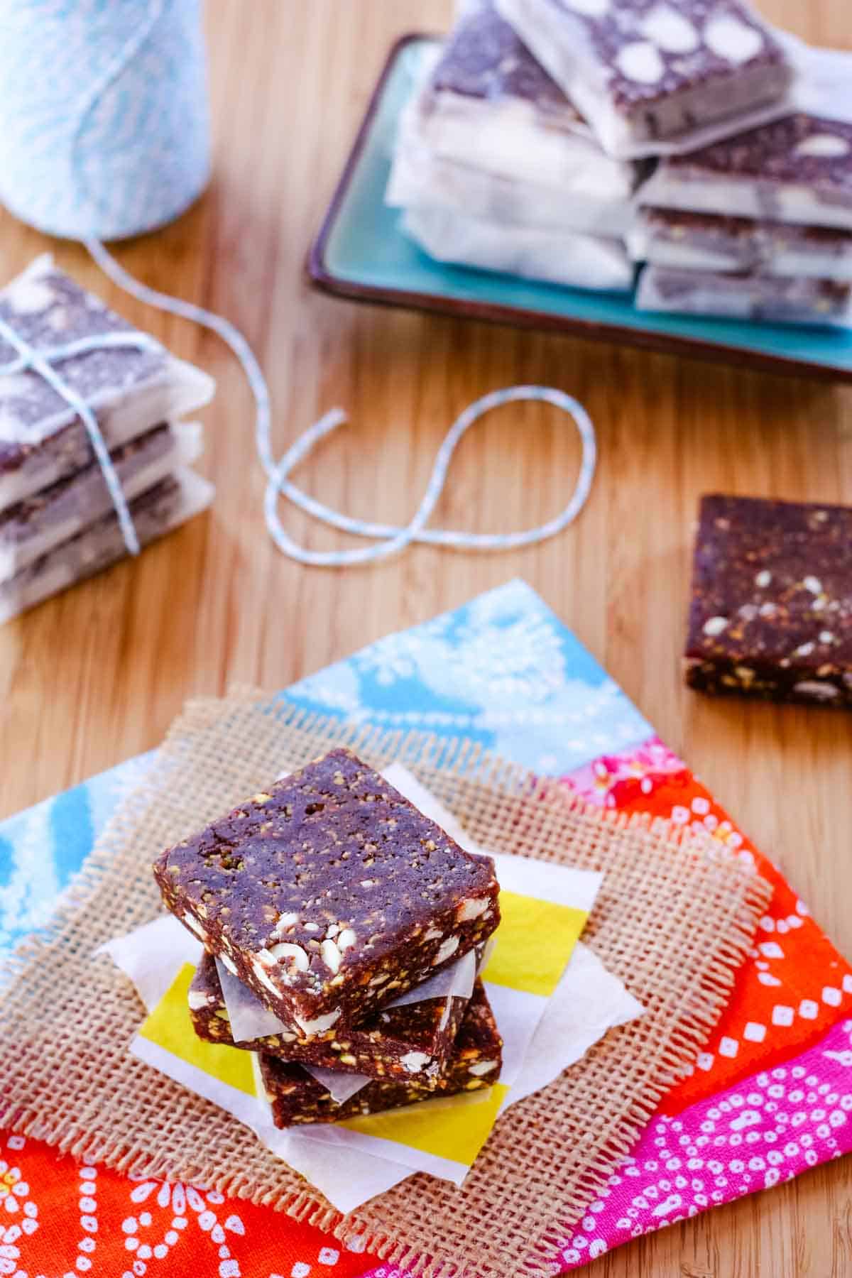 Cherry energy bars are stacked and packaged.