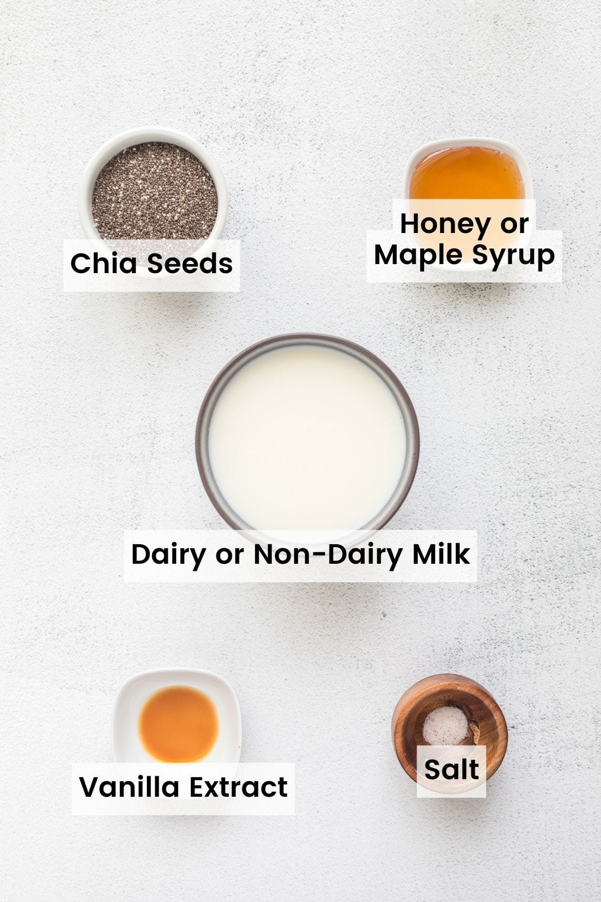 Ingredients for chia seed pudding including milk and chia seeds are text-labeled.