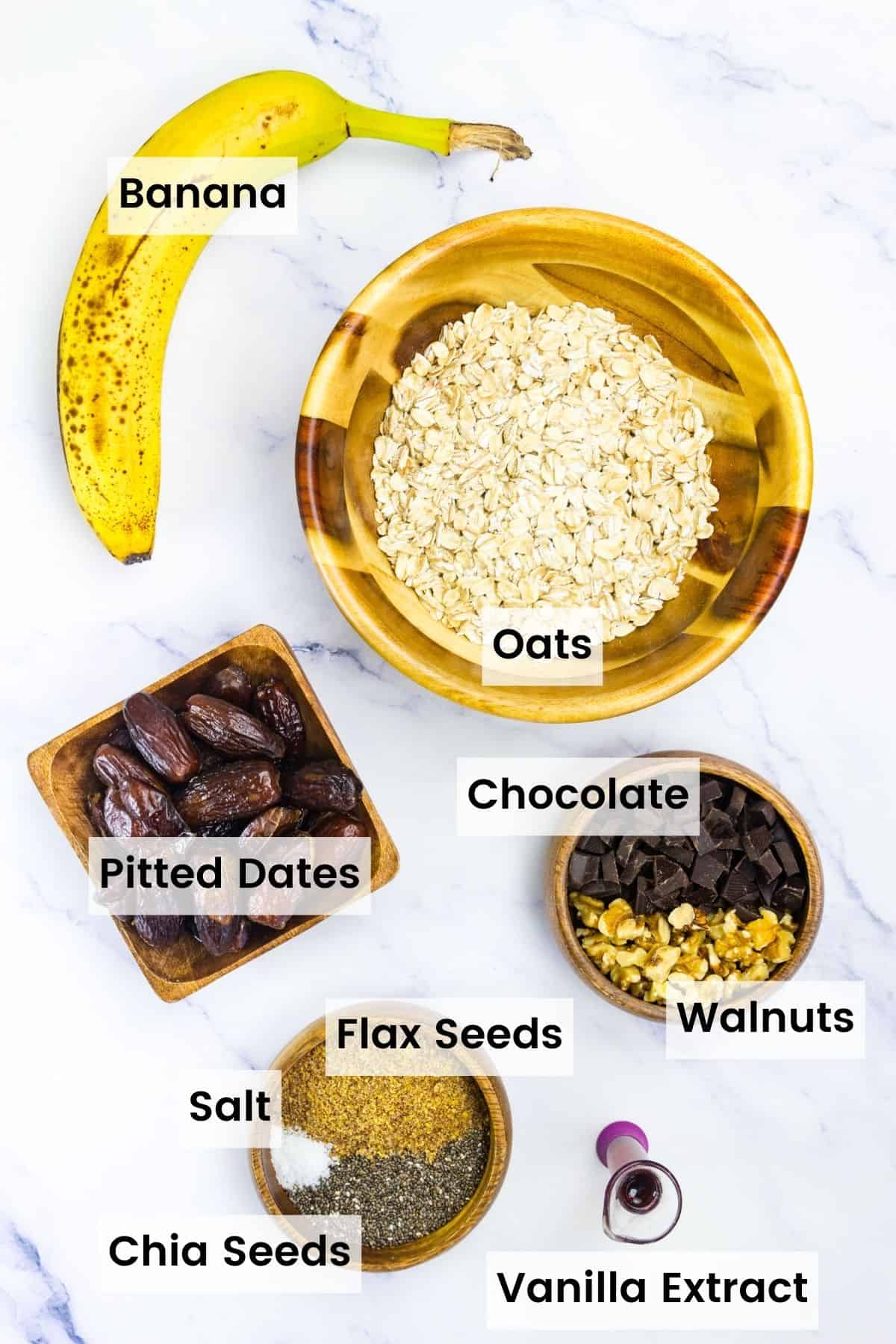 Ingredients for Chunky Monkey banana energy balls are text-labeled.