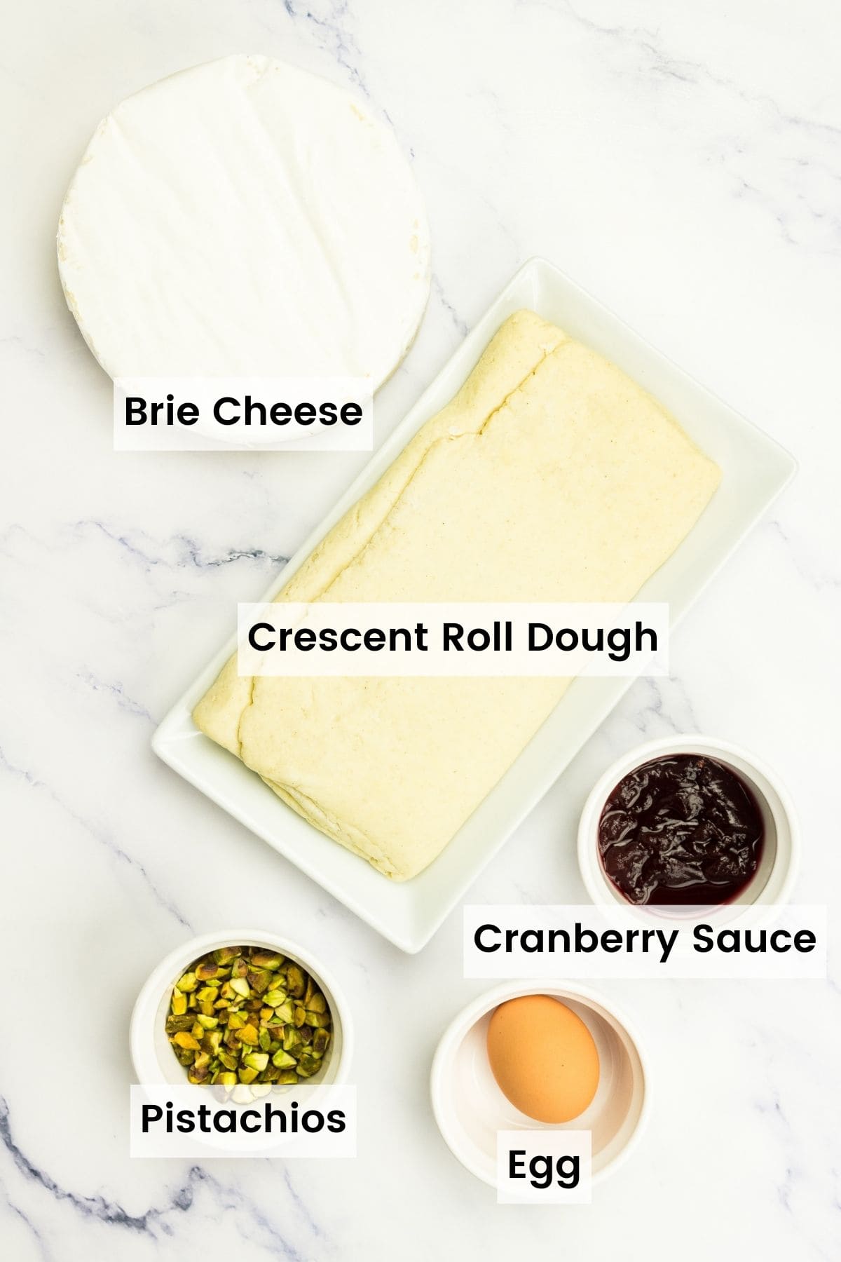 Ingredients for baked brie in crescent dough are text-labeled.