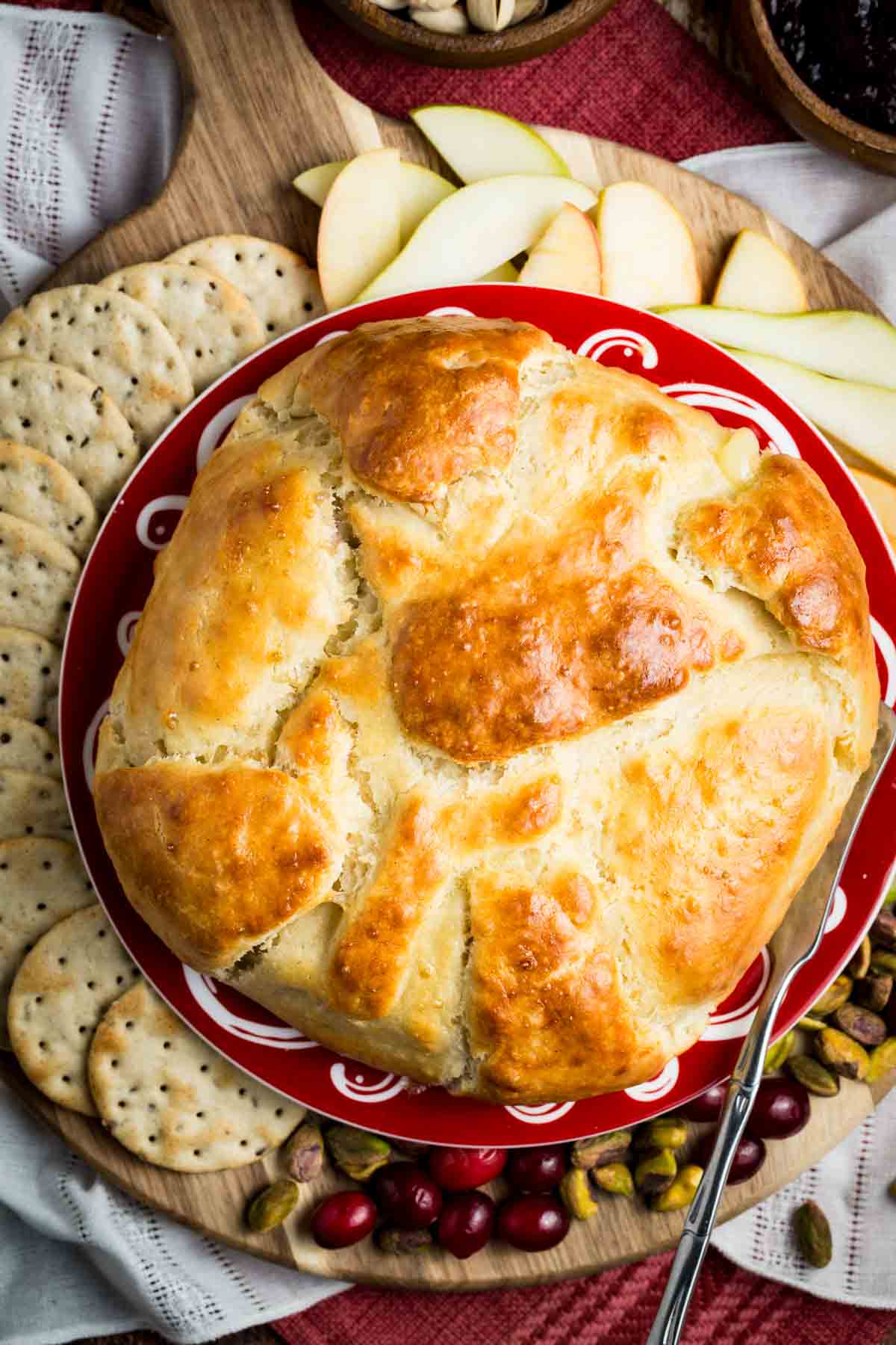 Baked brie in crescent dough after being baked.