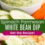 A bowl of a green-colored dip surrounded by a dish of veggies and a cucumber slice being dunked in the bowl of dip divided by a green box with text overlay that says "Spinach Parmesan White Bean Dip" and the words "Get the Recipe!".