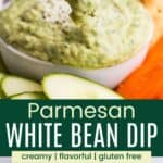 A cracker scooping up a green-colored dip and a bowl of dip surrounded by a dish of veggies divided by a green box with text overlay that says "Parmesan White Bean Dip" and the words creamy, flavorful, and gluten free.