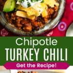 A birdseye view of crock of chili topped with cheese and sour cream and a scoop of chili in a ladle divided by a green box with text overlay that says "Chipotle Turkey Chili" and the words "Get the Recipe!".