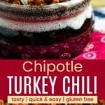 A spoon in a crock of chili topped with cheese and sour cream and a ladle in the chili divided by a red box with text overlay that says "Chipotle Turkey Chili" and the words tasty, quick & easy, and gluten free.