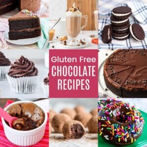 A three-by-three collage with photos of chocolate cake, chocolate donuts, homemade Oreos, a chocolate cupcake, and more with a pink box in the middle with white text that says "Gluten Free Chocolate Recipes".