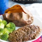 A cube steak on a plate with broccoli and a sweet potato with text overlay that says "Pan-Seared Cube Steak".