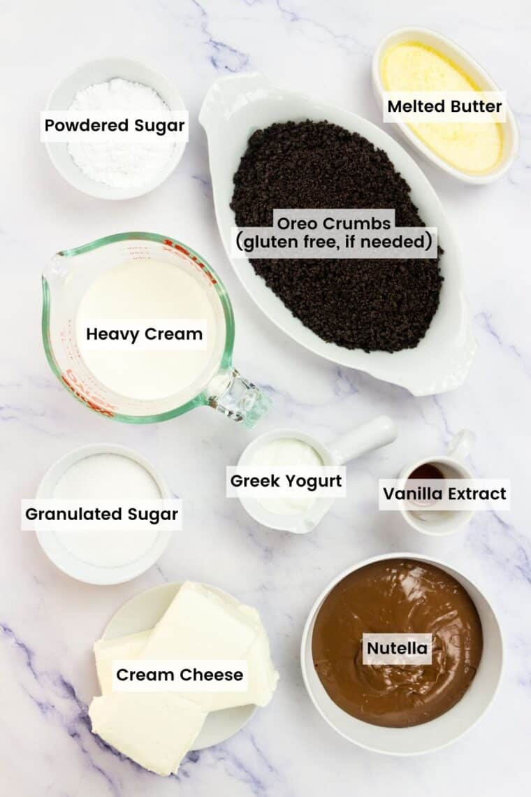 Ingredients for Nutella cheesecake are text-labeled.