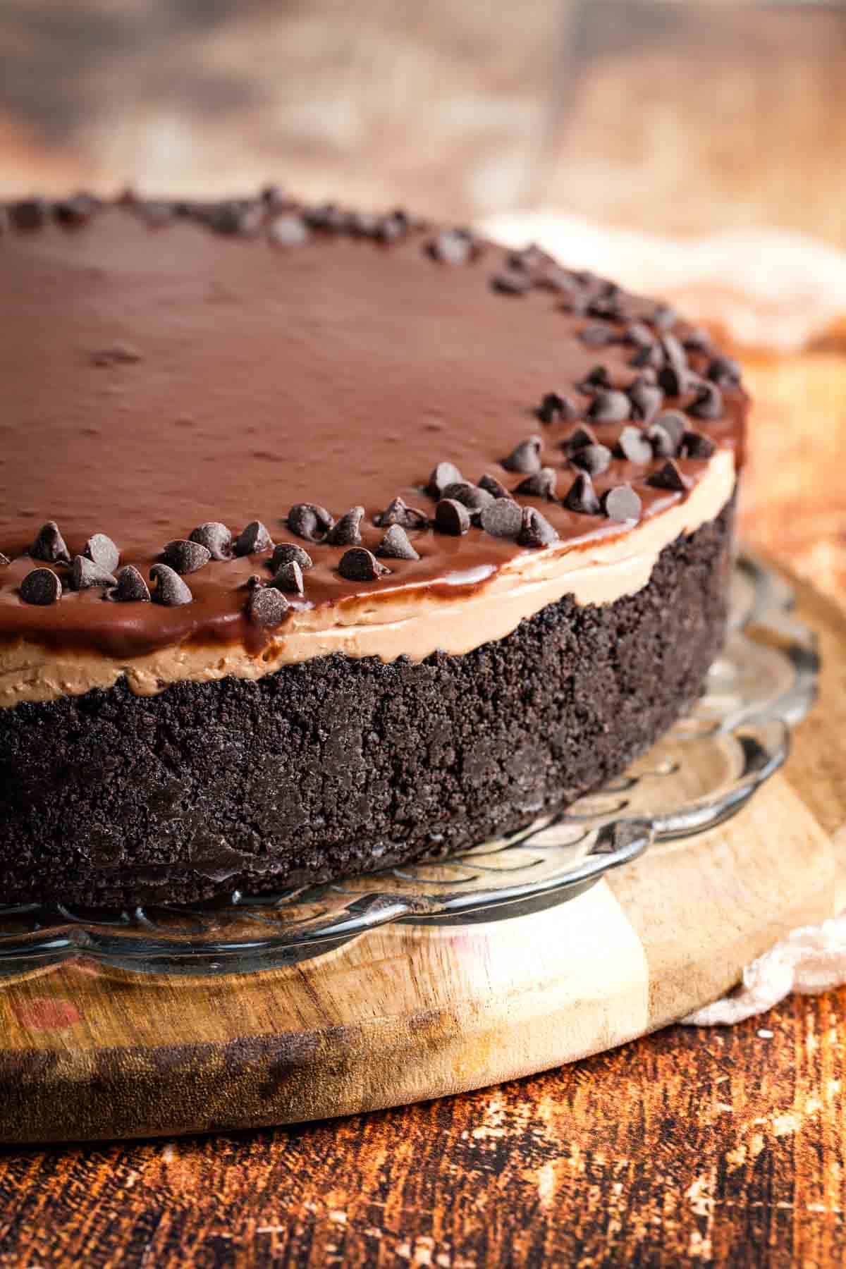 Chocolate chips sprinkled on Nutella cheesecake.