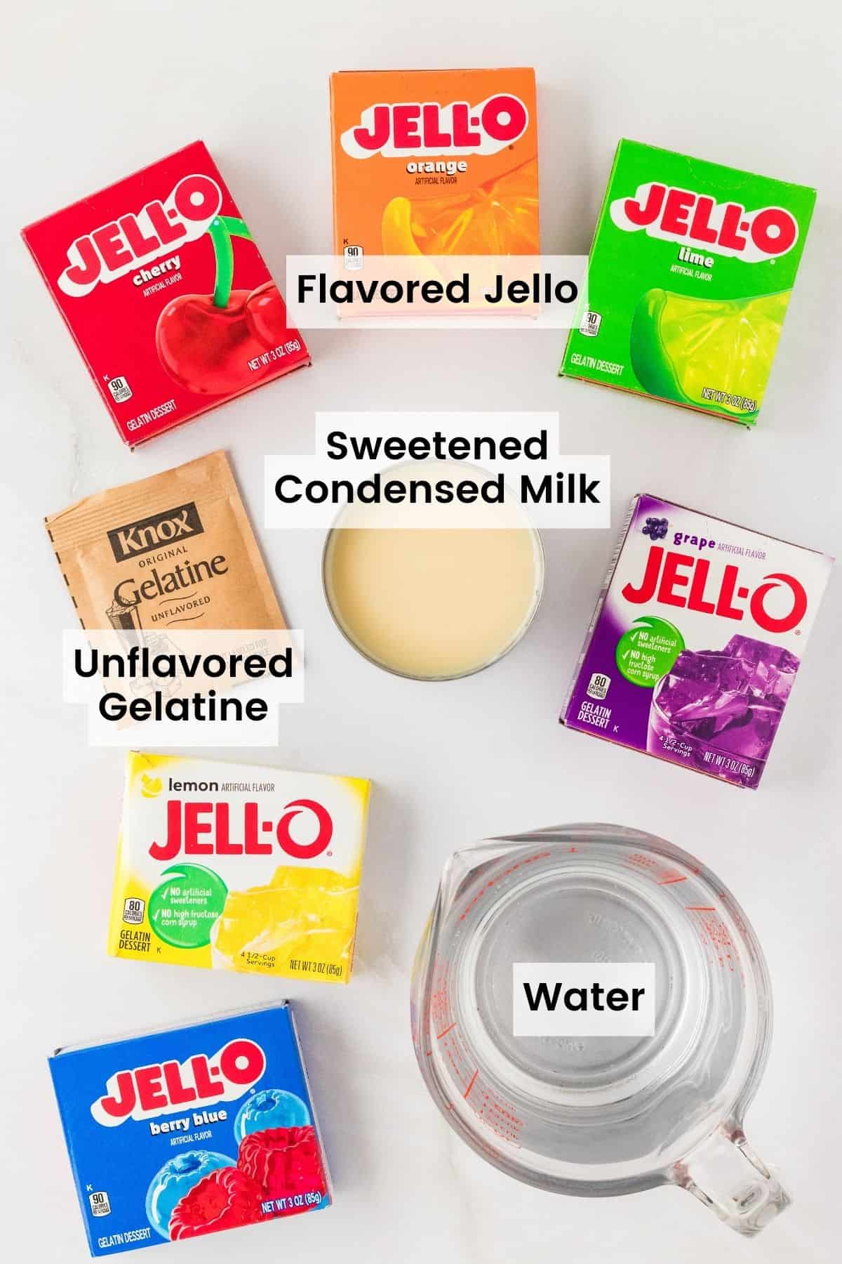 Ingredients for rainbow jello are text-labeled.