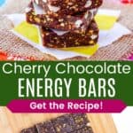 A stack of three snack bars white chocolate chips and pistachios and the bars being cut on a cutting board divided by a green box with text overlay that says "Cherry Chocolate Energy Bars" and the words "Get the Recipe!".