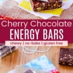 A stack of three snack bars white chocolate chips and pistachios closeup and further away on several colorful napkins and a piece of burlap divided by a magenta box with text overlay that says "Cherry Chocolate Energy Bars" and the words chewy, no-bake, and gluten free.
