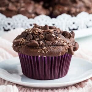 A chocolate chip topped gluten free double chocolate muffin on a plate.