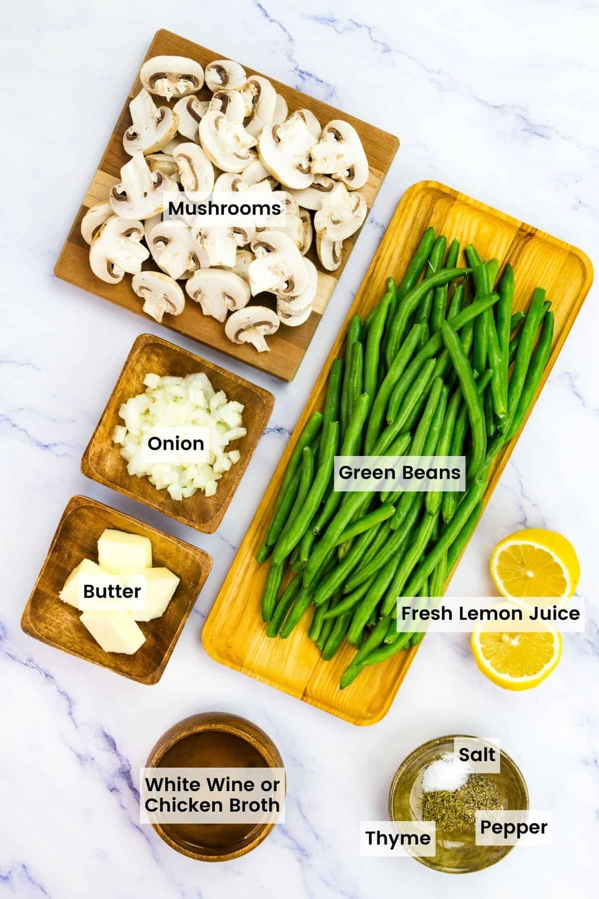 Ingredients for green beans with mushrooms are text-labeled.