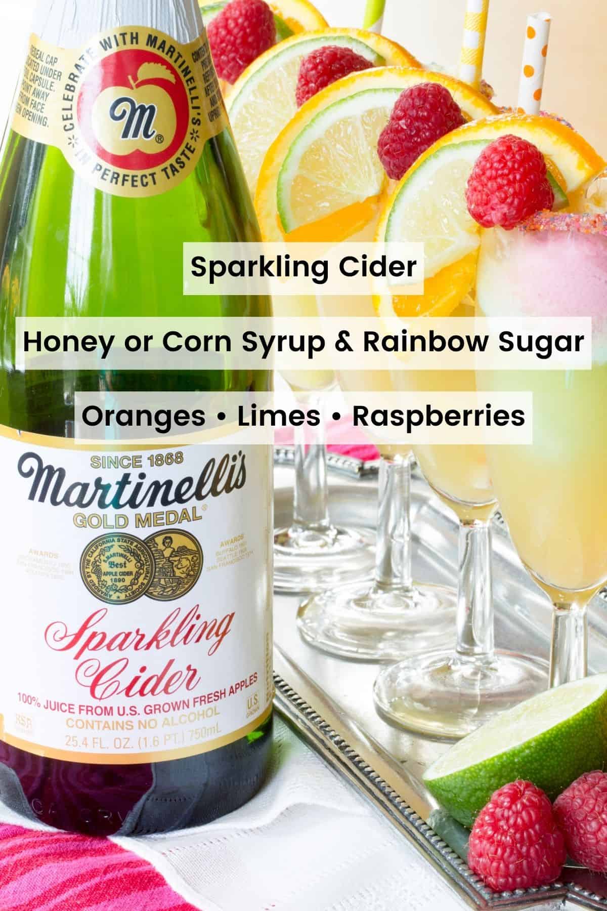 A bottle of sparkling cider and a tray of rainbow sherbet floats wiht text labels of the garnish ingredients and the cider.