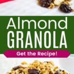Granola spilled out on a table with a spoon and some in a white bowl on a red napkin divided by a green box with text overlay that says "Almond Granola" and the words "Get the Recipe!".